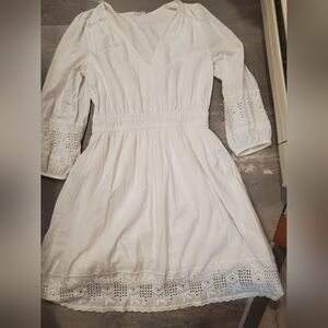 GAP White 3/4 Sleeve V Neck Cotton Mini Dress with Lace Embroidery. M Tall. Boho